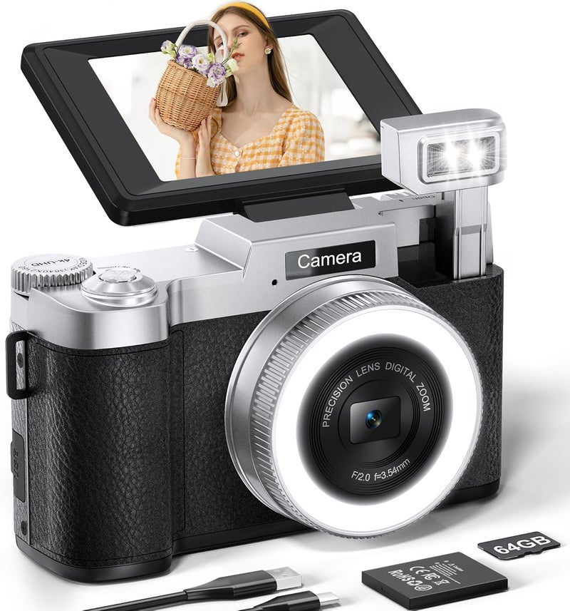 FLATIC Digital Camera, 4K 64MP Cameras for Photography with 64GB Card, 18X Zoom Autofoucs Vlogging Camera for YouTube with 180° Flip Screen, Compact Vlog Travel Camera Kit for Beginner, Teens - Image 1